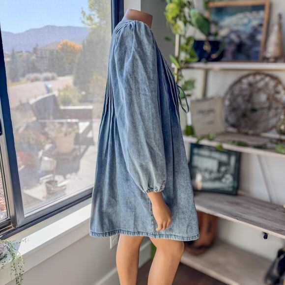 Lalavon,  Denim Pleated Bow Tie Front Long Sleeve Mini Dress, Women’s Large - Picture 2 of 13